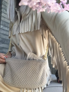 1 STK TILBAGE - STRIKKET TASKE - CROSS-BODY-KÆDE - 22x11x5CM - KHAKI