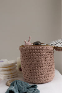 KNITTED TOILET BAG - ROUND - TOTE - ROSE - 15X17 CM